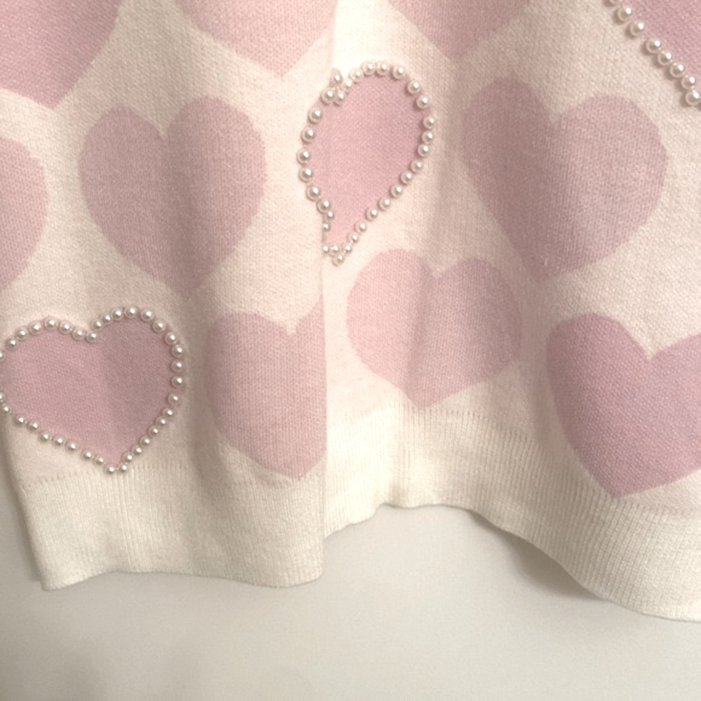 JOH Pink Women's White Pearl Heart Shaped Round Neck Sweater Soft L/S Small NEW - Picture 6 of 12